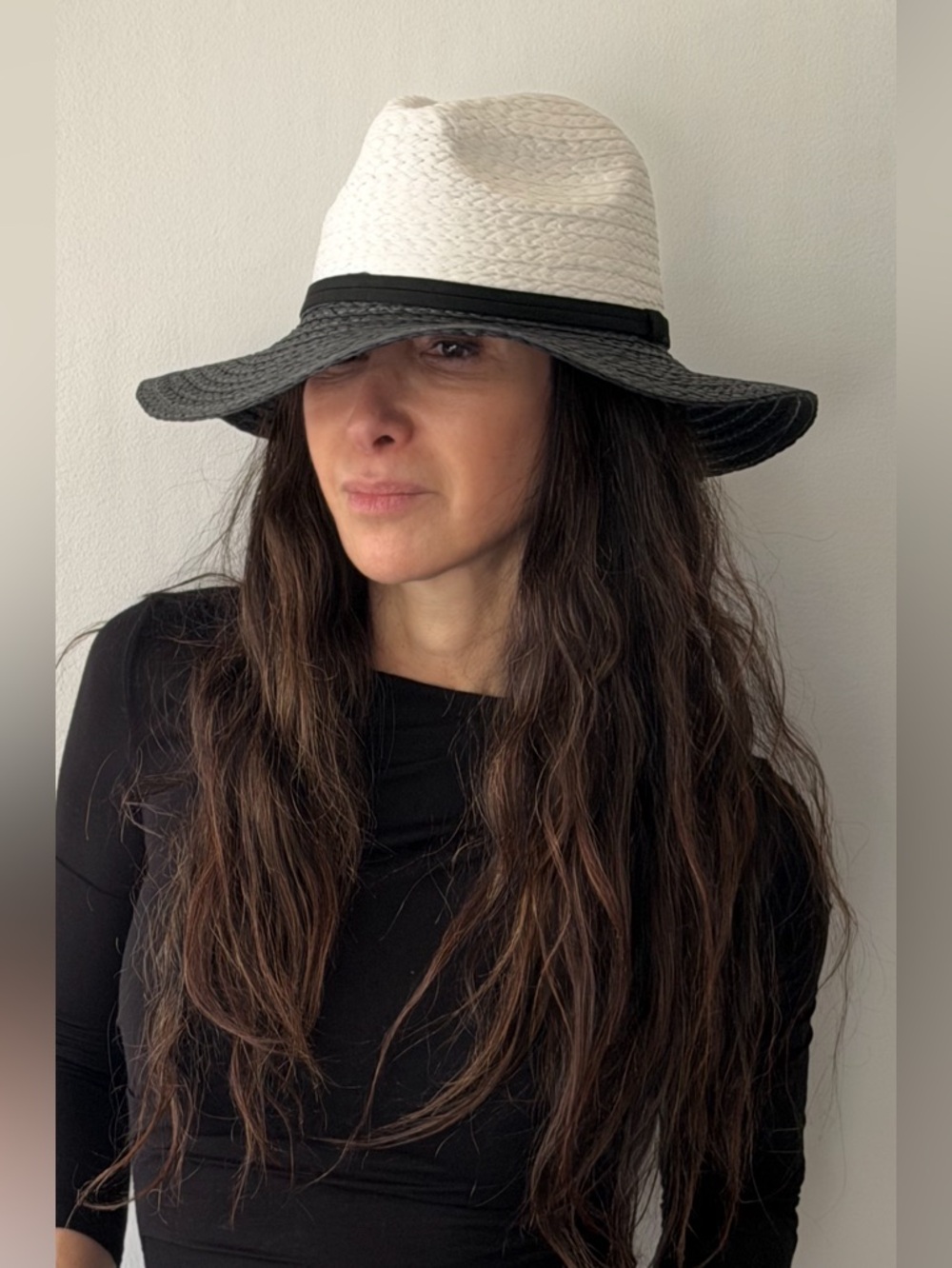 ShopEvelynne White and Black Wide Brim Fedora Straw Hat